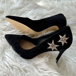 NEW Mix No 6 Dignity Black Velvet Pumps Heels w/ Metallic Embroidered Gold Stars